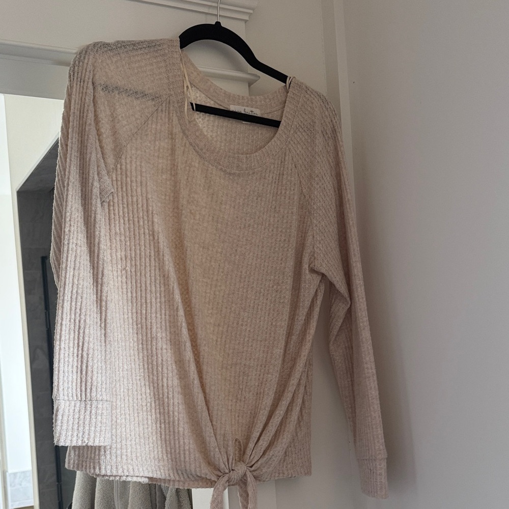 Beige Ribbed Tie-Front Top